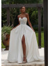 Strapless Beaded Ivory Lace Satin Slit Wedding Dress With Pockets